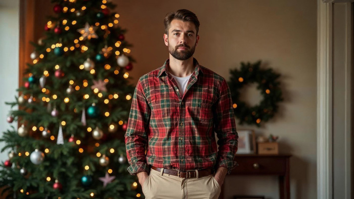 A photo of a man in a holiday plaid shirt with chinos posing indoors in front of a Christmas tree with baubles.