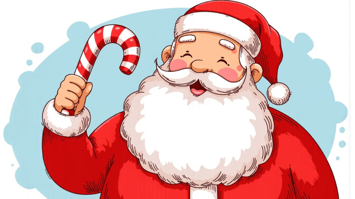 A drawing of Santa Claus eating a candy cane. 