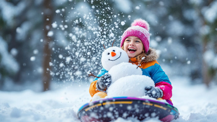 A child building a snowman and sledding in colorful winter gear surrounded by snow capturing playful and joyful moments.