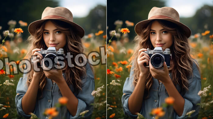 Comparison of two images of a girl. Left, with a semi-transparent watermark. Right, without it, using AI watermark eraser.