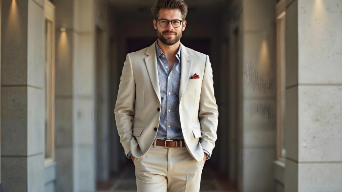 A photo of a man in an outfit featuring beige chinos with a beige blazer and a light blue patterned shirt. 