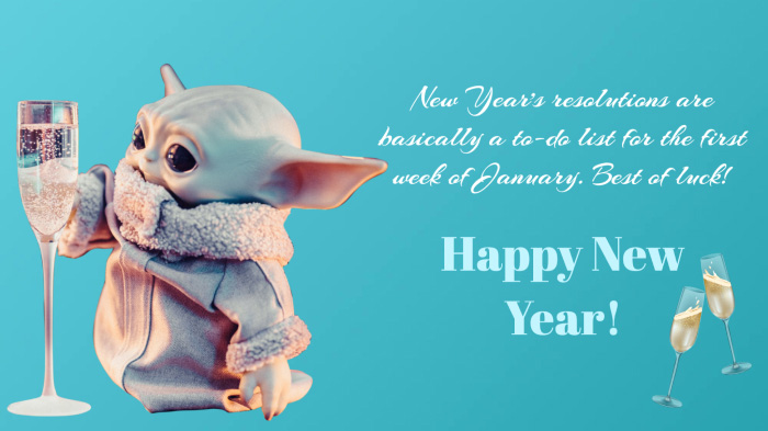 A New Year card design with a cutout of Baby Yoda and a funny Happy New Year wish. 