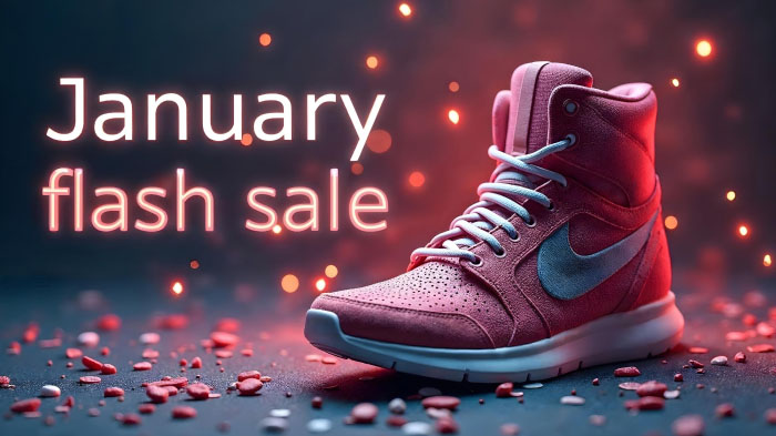 An New Year advertisement about the January flash sale on sneaker shoes.