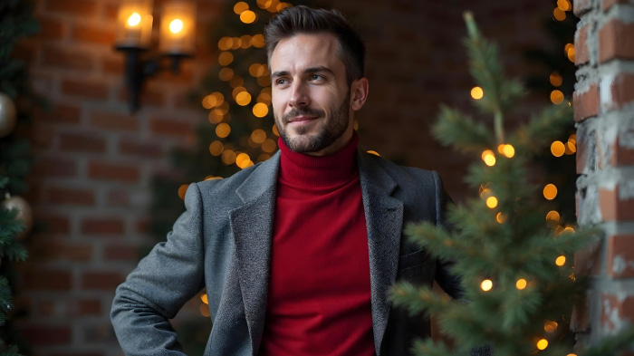 A photo of a man in a Christmas outfit featuring a red turtleneck with grey blazer.