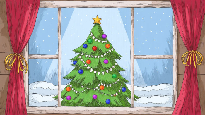 A Christmas winter drawing featuring a Christmas tree outside a window under snowfall.