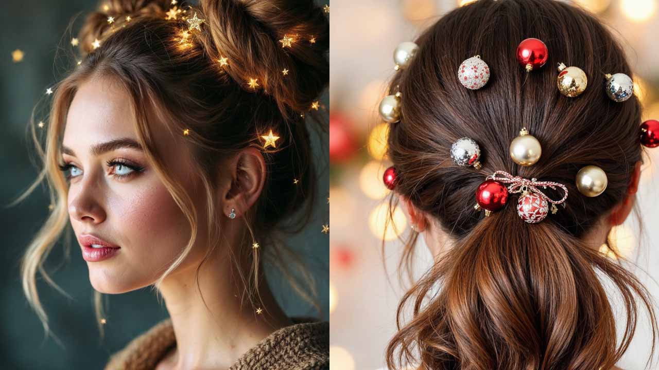 A collage of two Christmas hairstyles for women. Left, space buns with twinkling stars. Right, a ponytail with mini baubles.