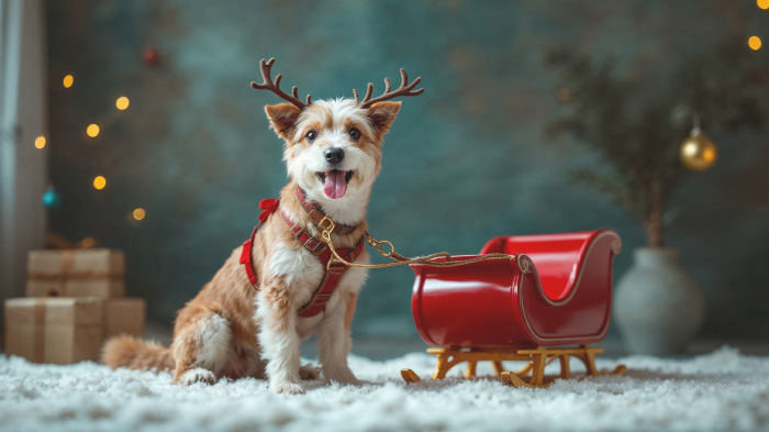 A pet dressed as a reindeer with antlers and harness pulling a toy sleigh.