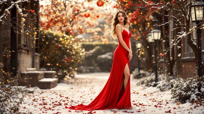 A photo of a woman in a New Year outfit featuring a red high-slit maxi dress.