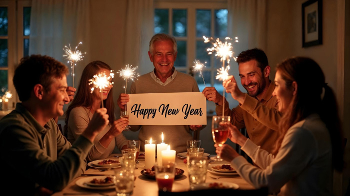 A photo of different generations of a family sitting around the dinner table, celebrating New Year.