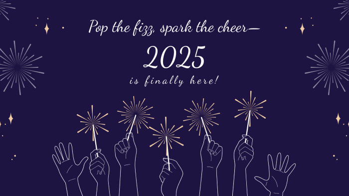 A dark blue New Year card design with a New Year 2025 wish and hands holding firecrackers line art.