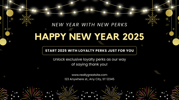 A New Year 2025 perks promotion graphic with New Year lights and fireworks illustrations.