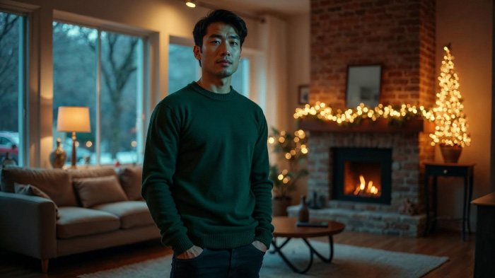 A photo of a man in a Christmas outfit featuring a green cashmere sweater paired with black jeans.