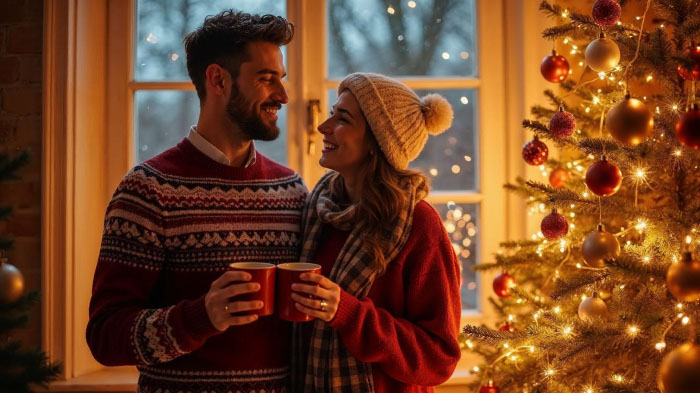 A cute photo of a couple posing near a Christmas tree in a cozy indoor setting.