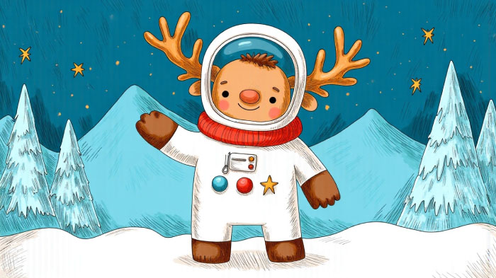 A cool Christmas drawing of a reindeer dressed as an astronaut in a snowy landscape and a starry night.