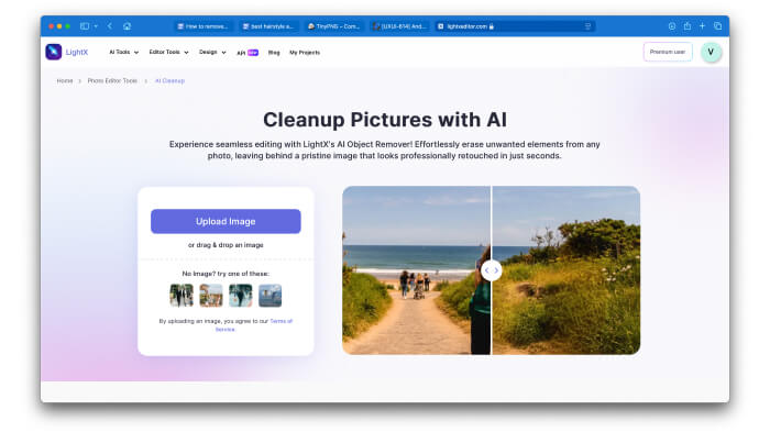 A screenshot of LightX’s AI Cleanup tool webpage for uploading an image to remove a watermark from it.