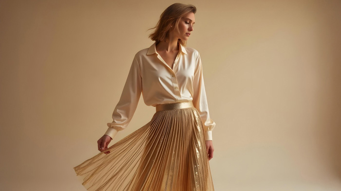 A photo of a woman in a New Year outfit featuring a gold metallic midi skirt with a satin blouse.