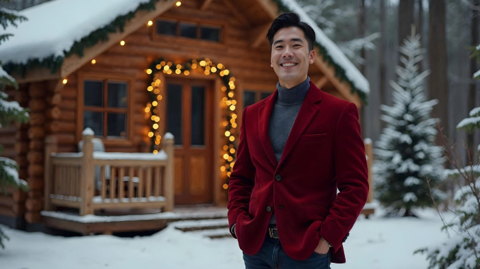 A photo of a man wearing a velvet blazer with dark jeans in front of a snowy wooden cabin in the forest.