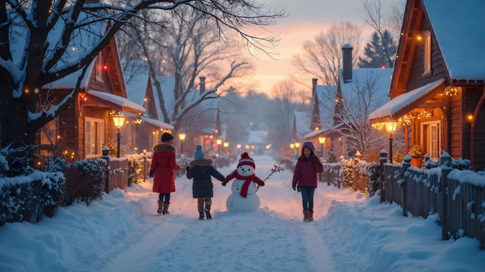 A photo of three kids playing with snowman in an outdoor snowy setting. 