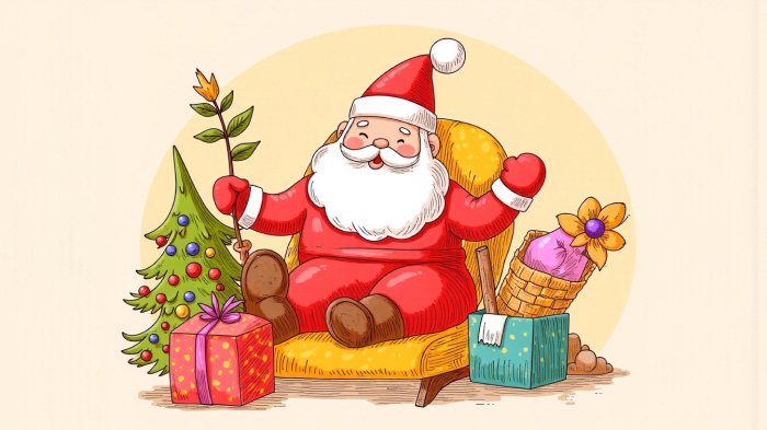 A drawing of Santa Claus sitting on a chair and surrounded by a Christmas tree and presents.