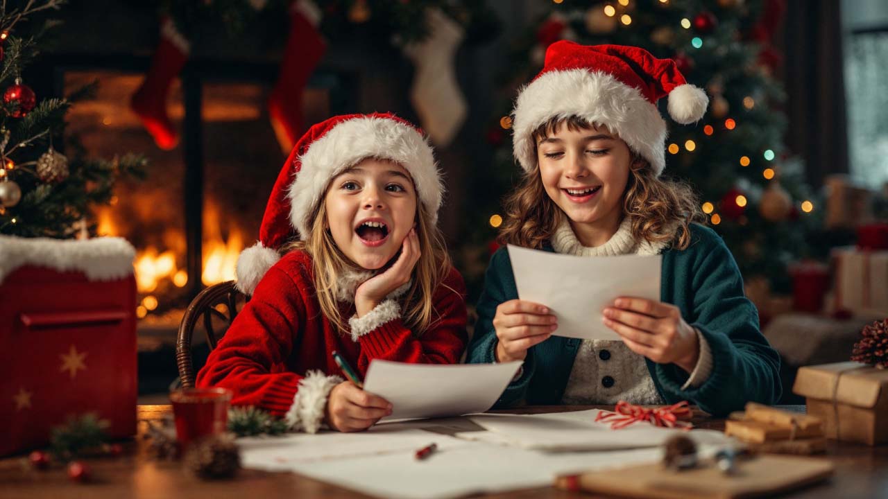 Children sitting at a table writing heartfelt letters to Santa, surrounded by festive decorations, and a cozy Christmas tree glowing in the background.