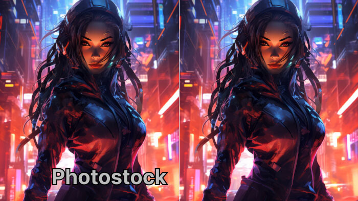 Comparison of two images of a female character. Left, with a corner watermark. Right without watermark using AI.