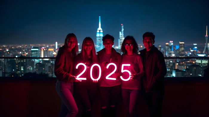 A photo of a friends group at the rooftop during midnight with a city skyline backdrop, holding a 2025 neon sign.