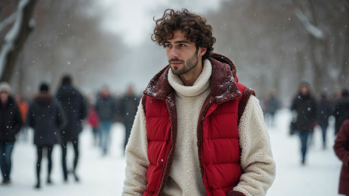 A photo of a man wearing a puffer vest over a fleece jacket in an outdoor, crowded snowy scene.