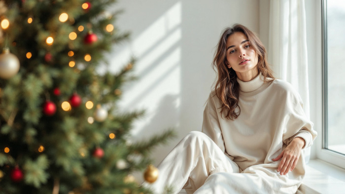 A woman dressed in modern holiday attire standing against a minimalistbackdrop with a simple Christmas tree.