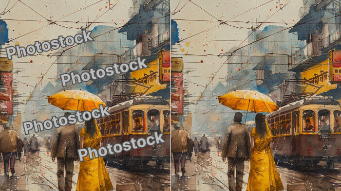 Comparison of two images of people. Left, with a text watermark. Right, with the watermark removed using AI.