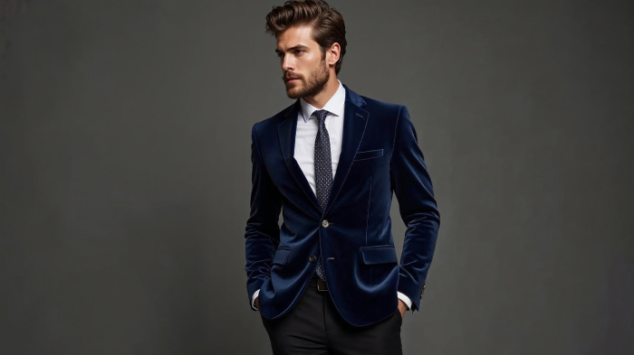 A photo of a man in an outfit featuring a navy blue velvet blazer with black slim-fit trousers. 