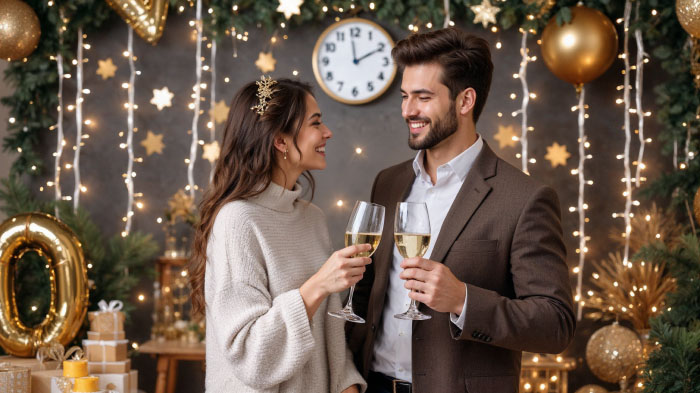 A photo of a couple in front of a festive New Year backdrop with golden props and twinkling lights, clinking their glasses.