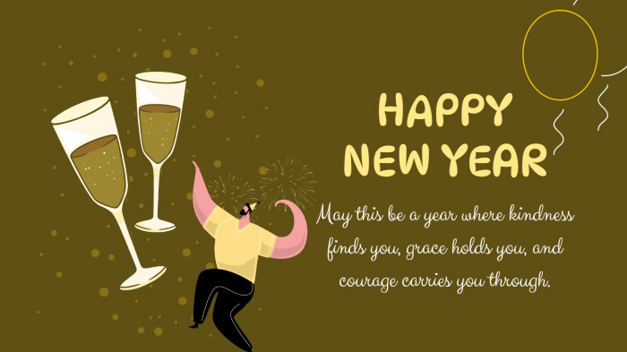 A New Year card design with an illustration of a dancing man, champagne glasses, and a New Year blessing. 