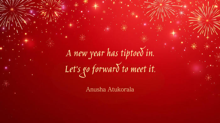 An image with a red background featuring fireworks and a short New Year quote by Anusha Atukorala