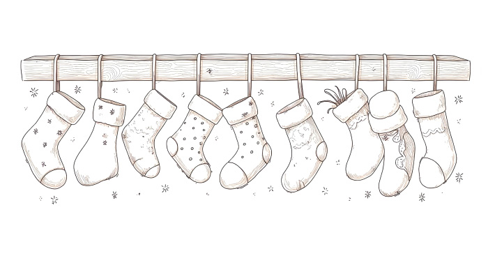 A pencil Christmas drawing of different hanging stockings.