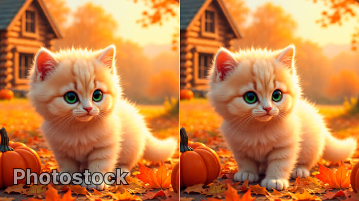 Comparison of two images of a cat. Left, with a corner watermark. Right, without it using an AI watermark eraser.