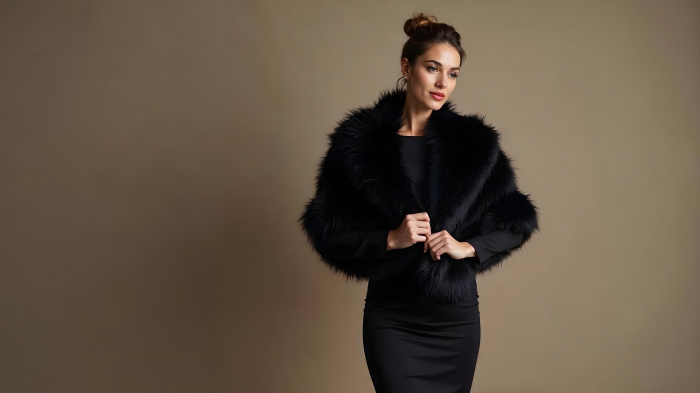  A photo of a woman in an outfit featuring a black sheath dress with a faux fur stole. 