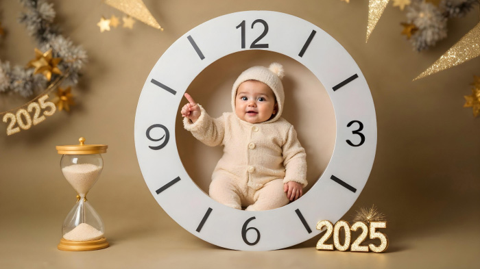 A photo of a baby in as a clock hand inside a giant clock prop, along with an hourglass and 2025 banner.