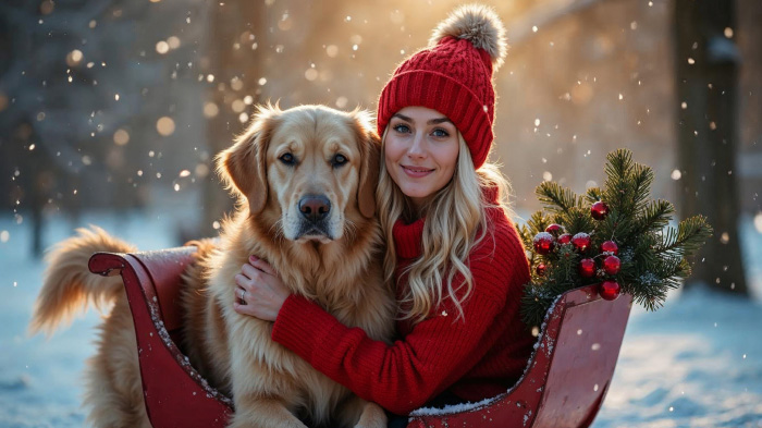 A photo of a woman and her dog posing in snowfall outdoors.