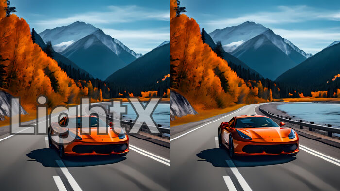 Comparison of two images of a car. Left, with a center watermark. Right, without it using LightX’s AI watermark removal.