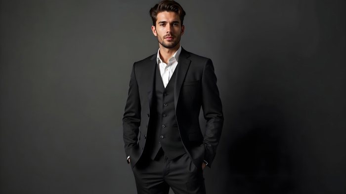 A photo of a man in a classic black suit. 