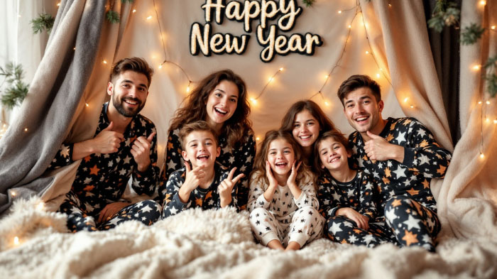  A photo of family members dressed in New Year's themed matching pajamas in a cozy setup striking different amusing poses.