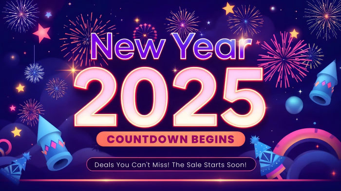 A New Year sale countdown graphic with the illustrations of fireworks, stars, and party poppers.