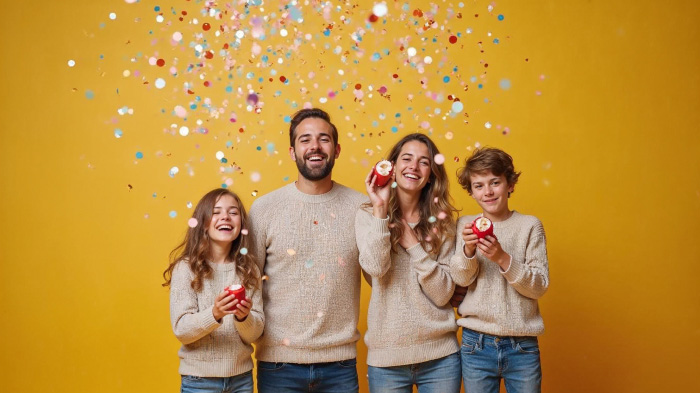 A photo of a family dressed in matching cozy sweaters, bursting confetti poppers into the air.