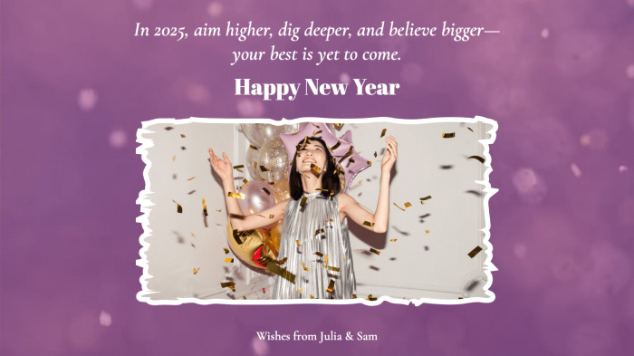 A purple New Year card design with a photo of a woman and an inspirational Happy New Year wish.