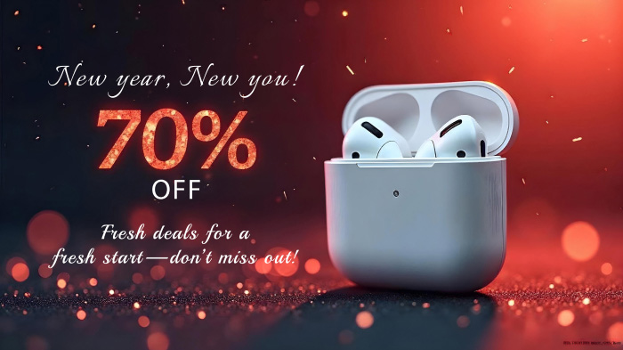 A "New Year, New You" marketing campaign graphic with 70% discount on earbuds