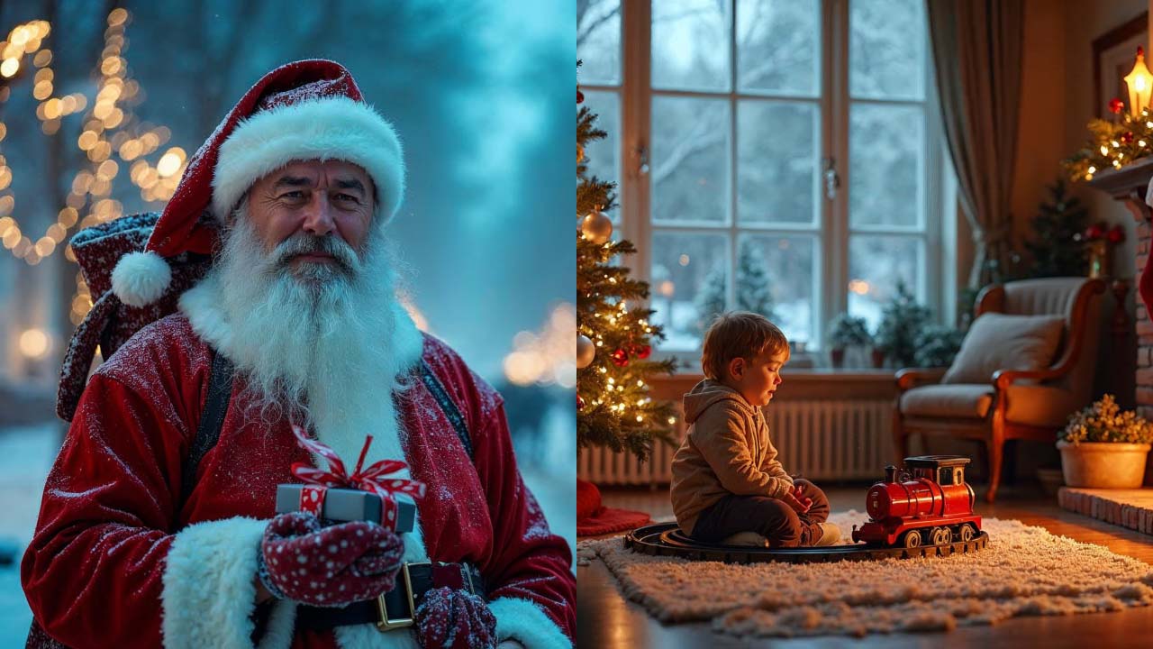 A collage of a photo of a Santa Claus and a photo of a child in an indoor Christmas setting.