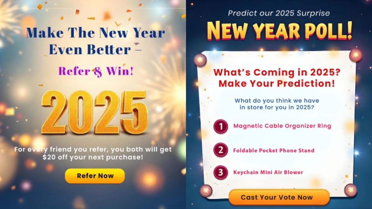 A collage of New Year’s refer and win and New Year’s poll marketing images.