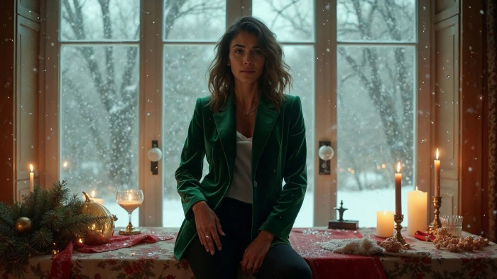 A photo of a woman in a pine green velvet blazer with black pants posing indoors in front of a snowy window. 