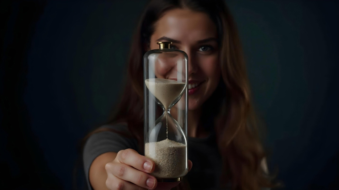 A photo of a woman posing in front of a deep-shade backdrop, holding an hourglass with sand slowly slipping through it.