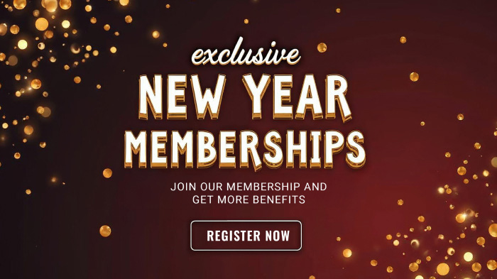 A New Year exclusive membership promo design with a glittery design on the background corners.